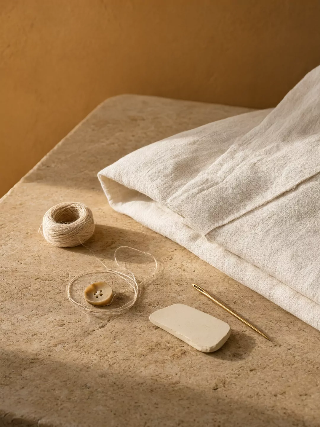 Sur une table en travertin : le bord d’une chemise en lin, un bouton en corne, du fil, une craie de tailleur et une aiguille.